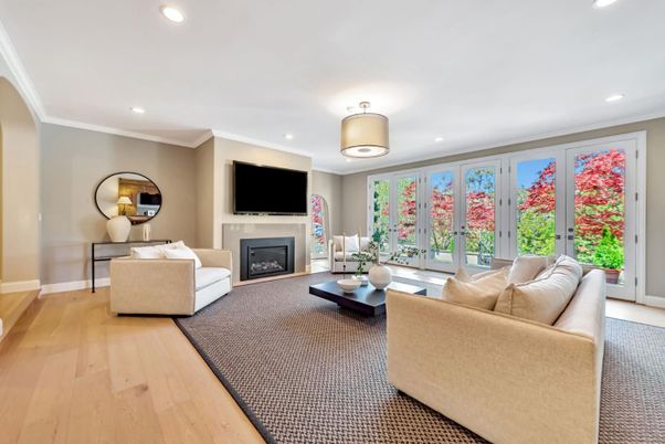 Fireplace, Interior, Living room, Recessed Lighting, Wood Texture Flooring