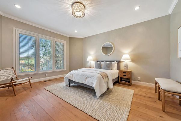 Bedroom, Interior, Recessed Lighting, Wood Texture Flooring