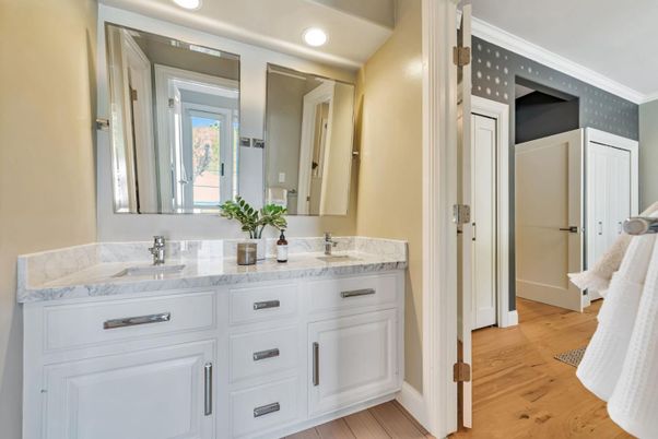 Bathroom, Dual Sink Vanities, Interior, Recessed Lighting, Wood Texture Flooring