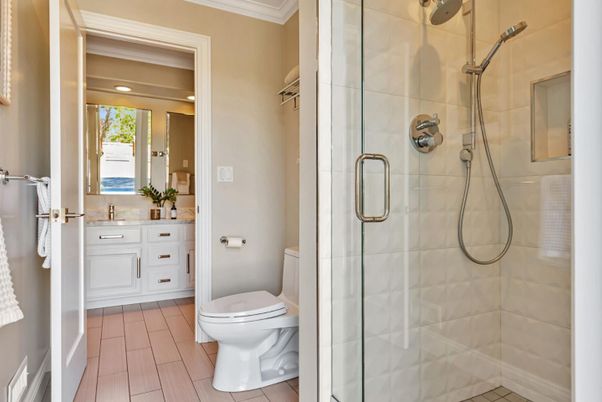 Bathroom, Glass Shower, Interior, Recessed Lighting, Wood Texture Flooring