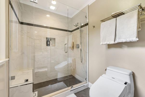 Bathroom, Glass Shower, Interior, Marble Walls, Recessed Lighting