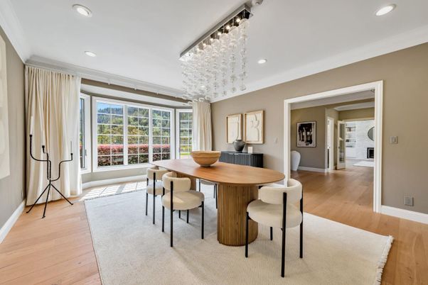 Dining room, Interior, Pendant Lights, Recessed Lighting, Wood Texture Flooring