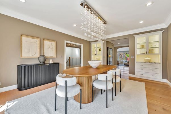 Dining room, Interior, Pendant Lights, Recessed Lighting, Wood Texture Flooring