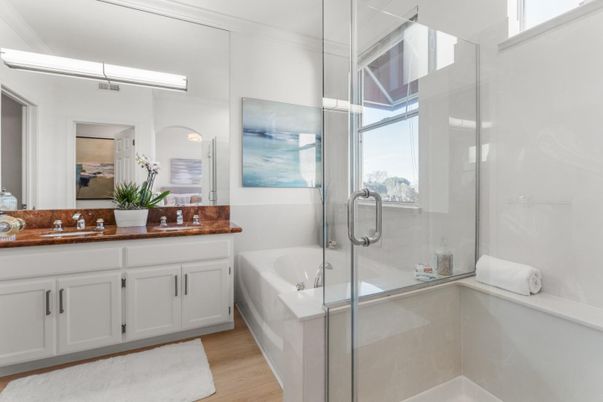 Bathroom, Dual Sink Vanities, Glass Shower, Interior, Wood Texture Flooring
