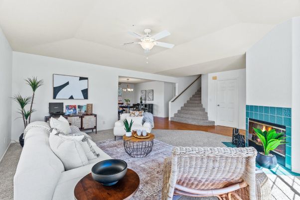 Dining room, Fireplace, Interior, Living room, Pendant Lights, Wood Texture Flooring