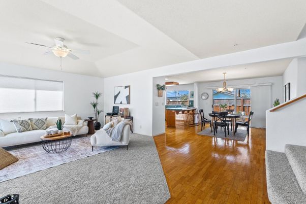 Dining room, Interior, Living room, Pendant Lights, Wood Texture Flooring