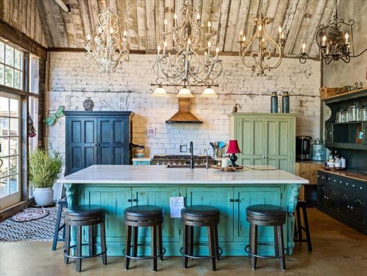 Chandelier, Interior, Kitchen, Stainless Steel Appliances, Stone Walls, Wood Texture Flooring