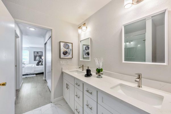 Bathroom, Bedroom, Dual Sink Vanities, Interior, Marble, Wood Texture Flooring
