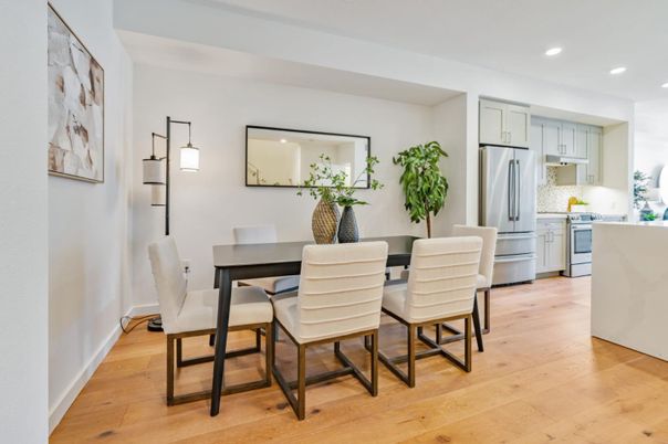Dining room, Interior, Kitchen, Pendant Lights, Recessed Lighting, Stainless Steel Appliances, Wood Texture Flooring