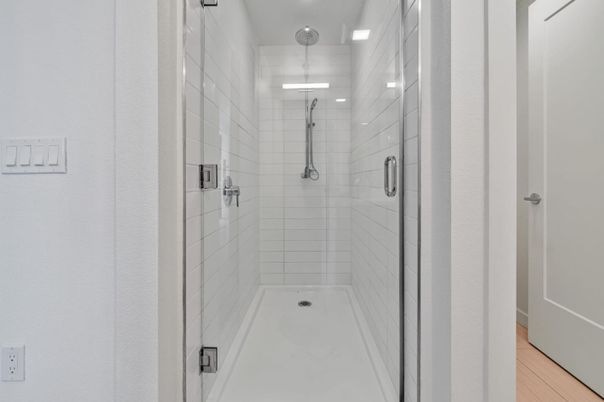 Bathroom, Glass Shower, Interior, Recessed Lighting, Wood Texture Flooring