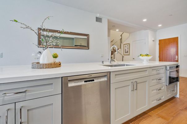 Interior, Kitchen, Recessed Lighting, Stainless Steel Appliances, Wood Texture Flooring