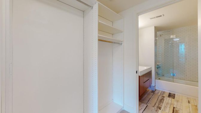 Bathroom, Glass Shower, Interior, Wood Texture Flooring