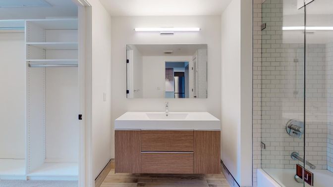 Bathroom, Glass Shower, Interior, Wood Texture Flooring