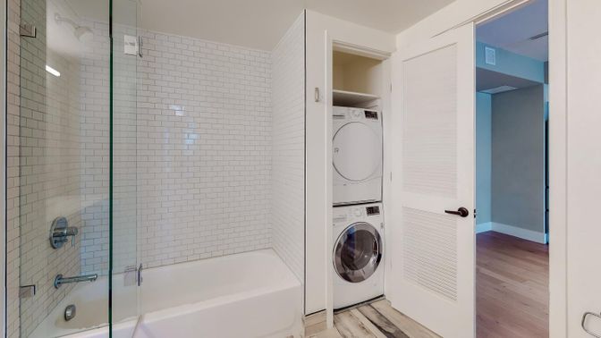 Bathroom, Interior, Utility Closets, Washer, Wood Texture Flooring