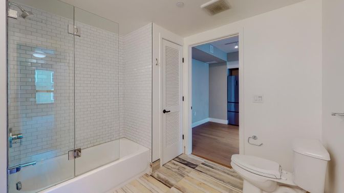 Bathroom, Glass Shower, Interior, Wood Texture Flooring
