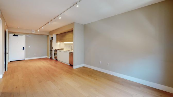 Empty room, Interior, Kitchen, Recessed Lighting, Wood Texture Flooring