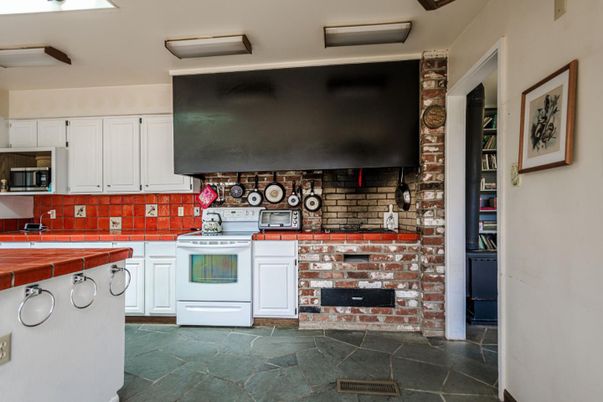 Fireplace, Interior, Kitchen, Stone Walls, Tile Countertops