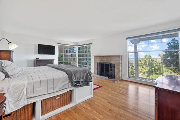 Bedroom, Fireplace, Interior, Wood Texture Flooring