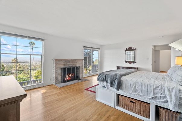 Bedroom, Fireplace, Interior, Wood Texture Flooring