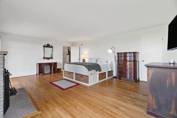 Bedroom, Fireplace, Interior, Wood Texture Flooring