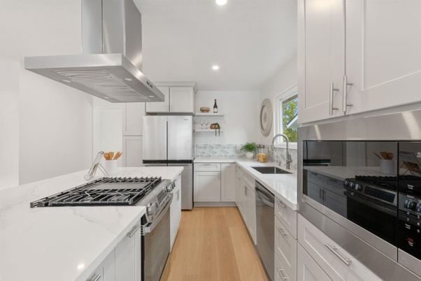 Interior, Kitchen, Recessed Lighting, Stainless Steel Appliances, Wood Texture Flooring