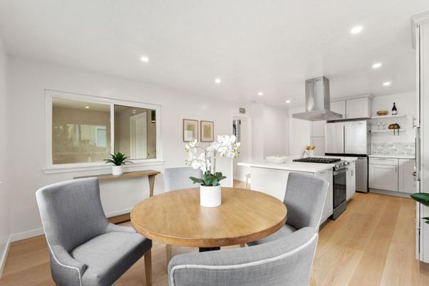 Dining room, Interior, Kitchen, Recessed Lighting, Stainless Steel Appliances, Wood Texture Flooring