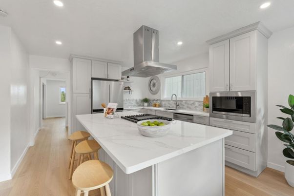 Interior, Kitchen, Recessed Lighting, Stainless Steel Appliances, Wood Texture Flooring