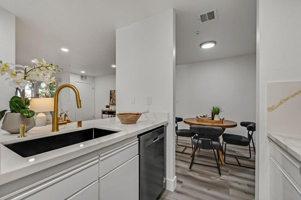 Dining room, Interior, Kitchen, Recessed Lighting, Stainless Steel Appliances, Wood Texture Flooring