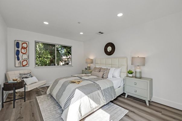 Bedroom, Interior, Recessed Lighting, Wood Texture Flooring