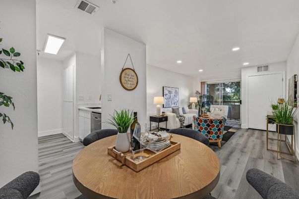 Dining room, Interior, Living room, Recessed Lighting, Wood Texture Flooring
