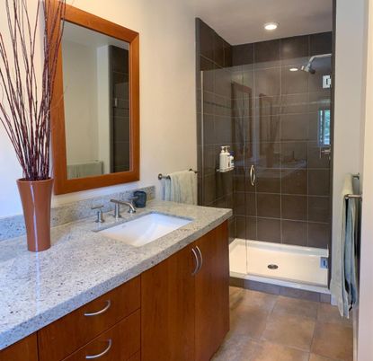 Bathroom, Glass Shower, Interior, Recessed Lighting