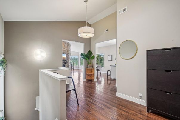 Fireplace, Interior, Pendant Lights, Wood Texture Flooring