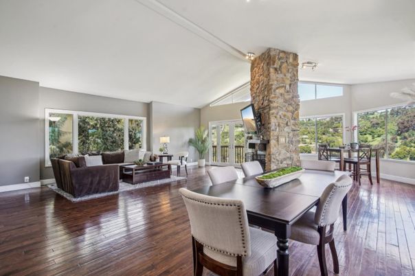 Dining room, Fireplace, Interior, Living room, Wood Texture Flooring
