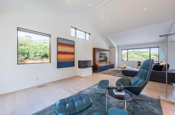 Fireplace, Interior, Living room, Recessed Lighting, Wood Texture Flooring