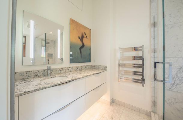 Bathroom, Glass Shower, Interior, Marble, Marble Walls, Recessed Lighting