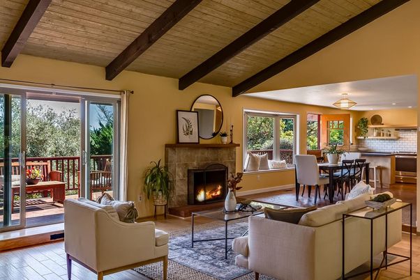 Dining room, Fireplace, Interior, Kitchen, Living room, Wooden Beams, Wooden Ceilings, Wood Texture Flooring