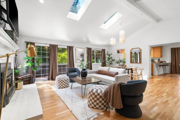 Dining room, Fireplace, Interior, Living room, Pendant Lights, Recessed Lighting, Wood Texture Flooring