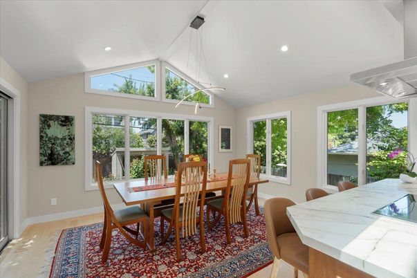 Dining room, Interior, Pendant Lights, Recessed Lighting, Wood Texture Flooring