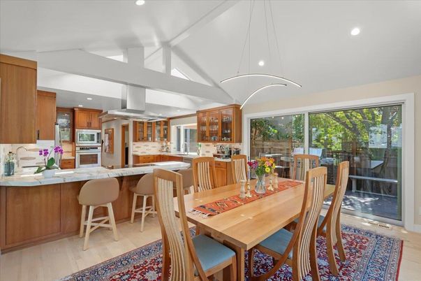 Dining room, Interior, Kitchen, Pendant Lights, Recessed Lighting, Stainless Steel Appliances, Wood Texture Flooring