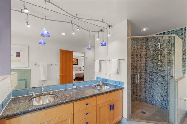 Bathroom, Dual Sink Vanities, Glass Shower, Interior, Pendant Lights, Recessed Lighting