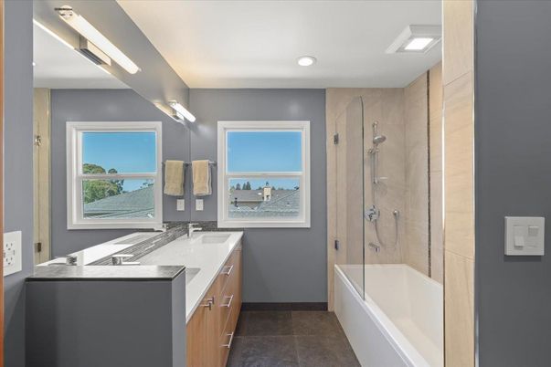 Bathroom, Dual Sink Vanities, Glass Shower, Interior, Recessed Lighting, Water