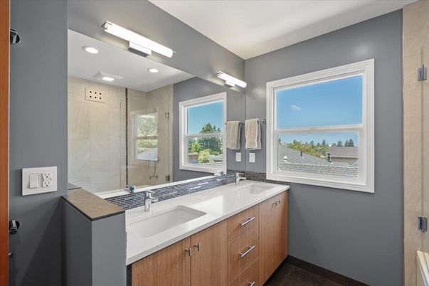 Bathroom, Dual Sink Vanities, Glass Shower, Interior, Recessed Lighting