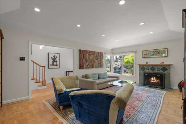 Fireplace, Interior, Living room, Recessed Lighting, Wood Texture Flooring