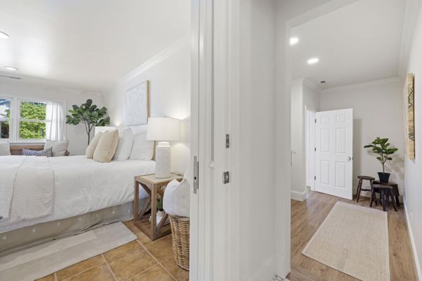 Bedroom, Interior, Recessed Lighting, Wood Texture Flooring