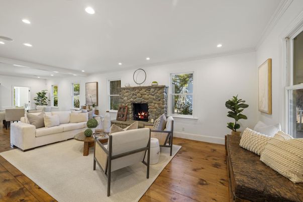 Fireplace, Interior, Living room, Recessed Lighting, Wood Texture Flooring