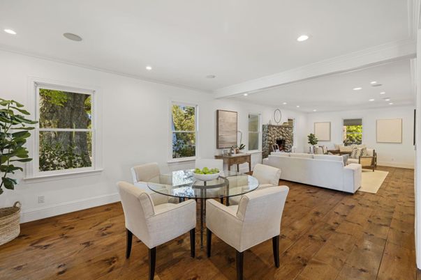 Dining room, Interior, Living room, Recessed Lighting, Wood Texture Flooring