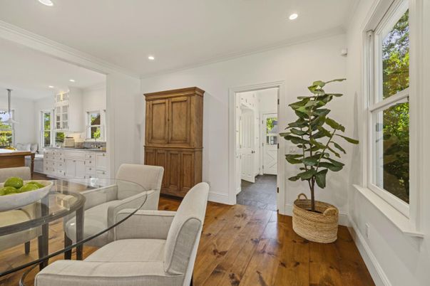 Dining room, Interior, Kitchen, Pendant Lights, Recessed Lighting, Wood Texture Flooring