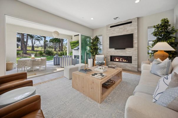 Fireplace, Interior, Living room, Recessed Lighting, Stone Walls