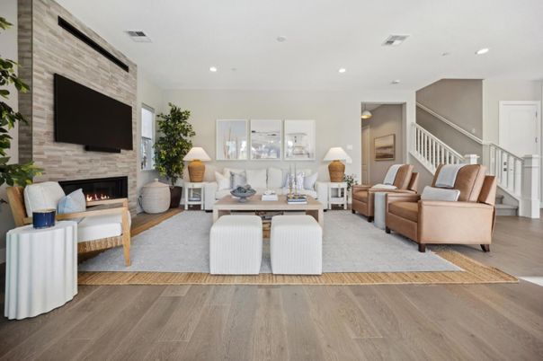Fireplace, Interior, Living room, Recessed Lighting, Wood Texture Flooring