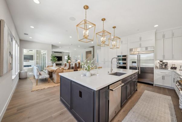 Dining room, Interior, Kitchen, Living room, Pendant Lights, Recessed Lighting, Stainless Steel Appliances, Wood Texture Flooring